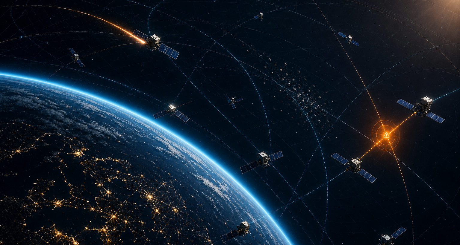 Detailed view of a satellite constellation in low Earth orbit: rim-lit Earth with city lights, multiple satellites, an orange conjunction warning between two converging spacecraft, a propellant burn arc from a manoeuvring satellite, and a small debris cloud drifting along an orbital lane
