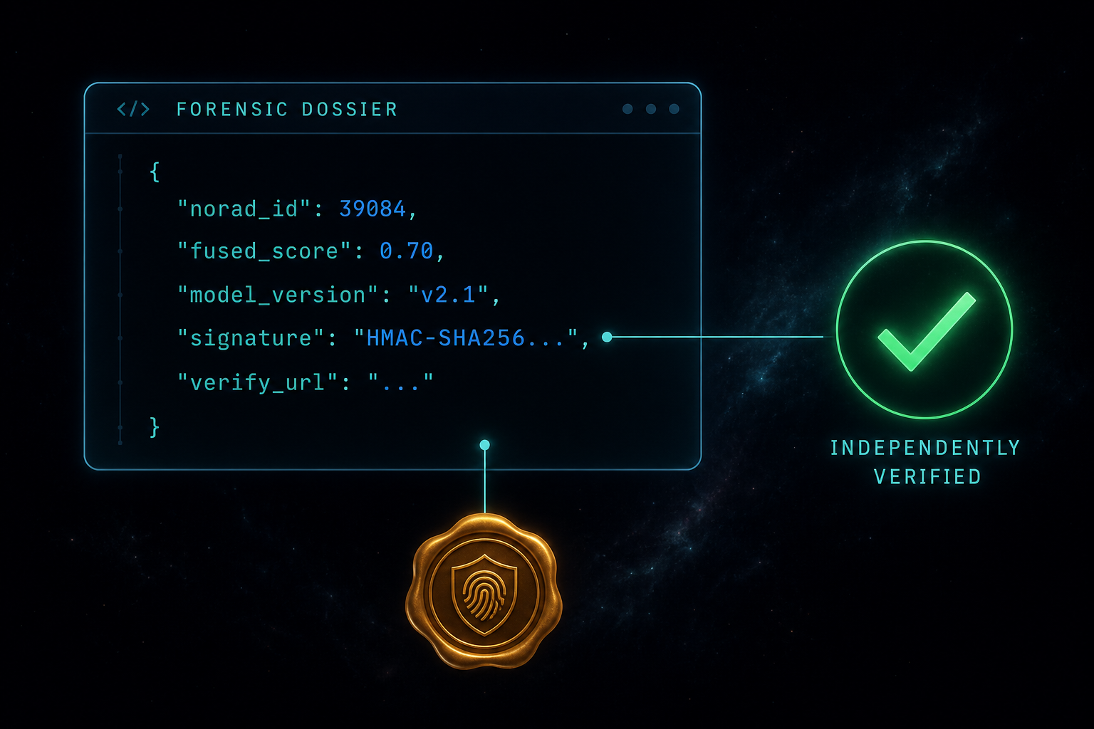 DebrisGuard forensic dossier: a JSON alert panel showing norad_id, fused_score, model_version, an HMAC-SHA256 signature and a verify_url, sealed with a signature mark and linked to an 'independently verified' check
