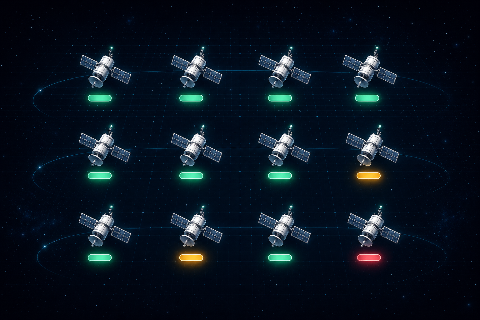 Fleet monitoring grid showing satellite health pills