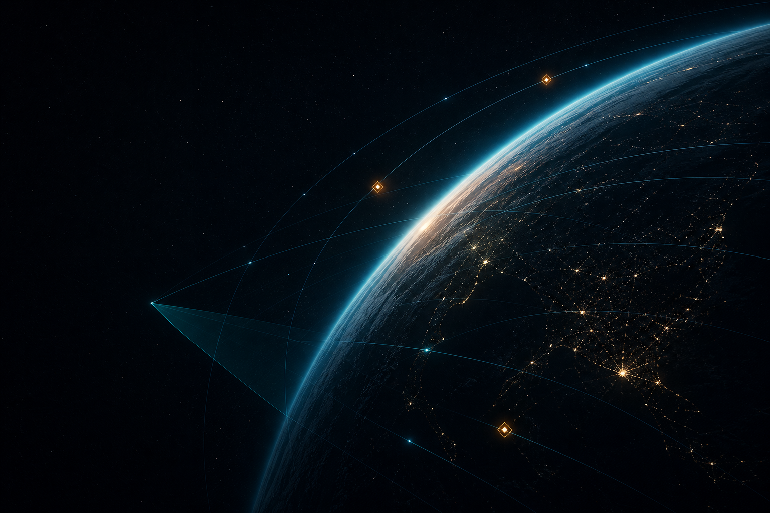 Earth from low Earth orbit at the dusk terminator, city lights on the night side, faint arc trails of tracked objects curving around the planet, three of them highlighted with amber alert markers, and a subtle radar-sweep wedge from an orbital sensor